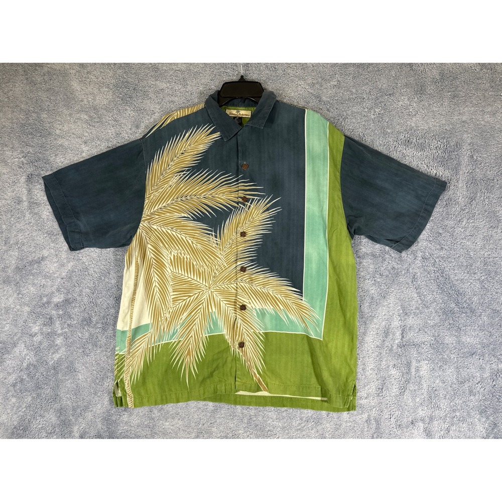 Tommy Bahama Mens Silk Palm Tree Graphic Shirt Blue‎ Green Short Sleeve Medium